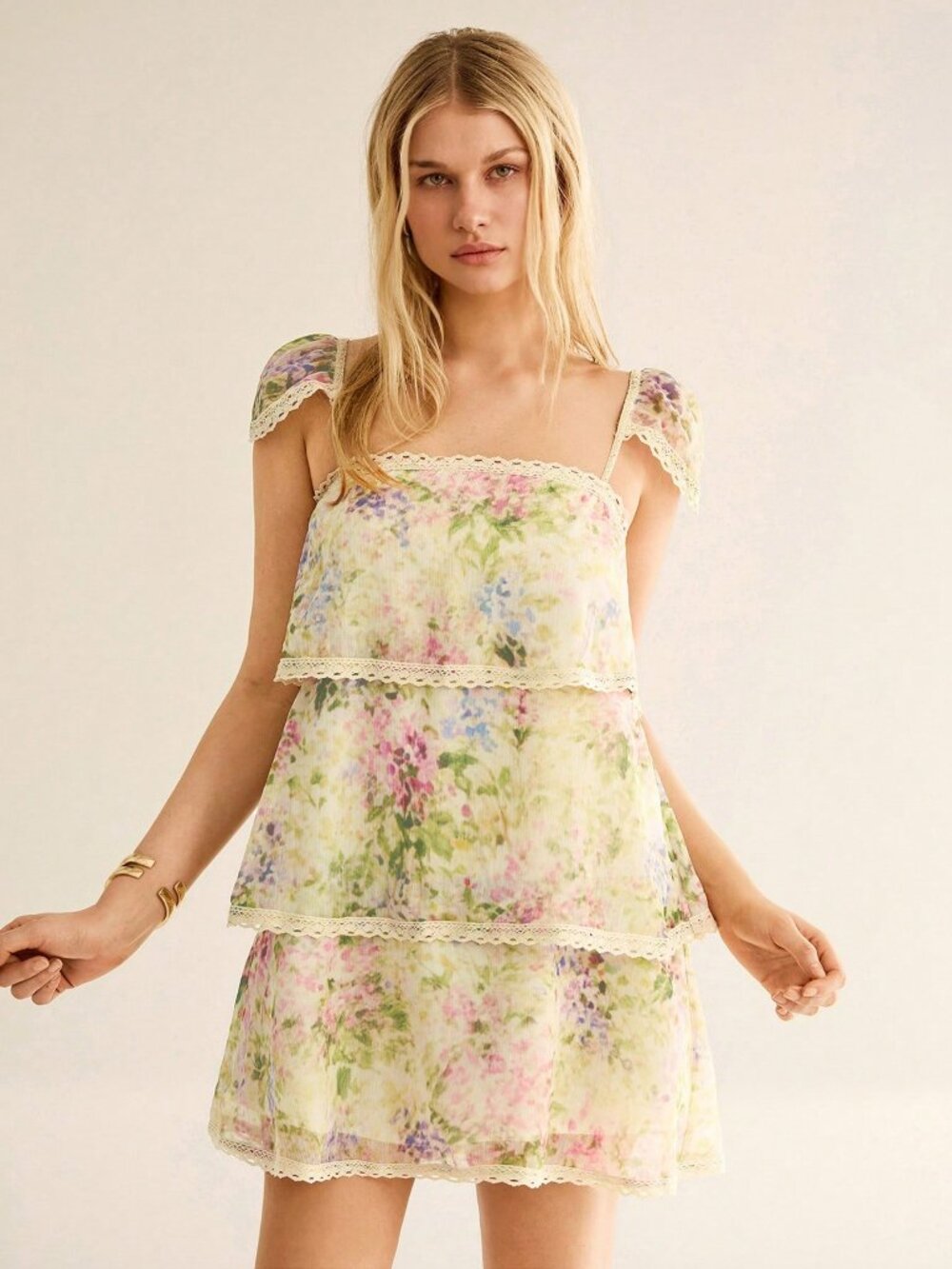 Multicolor Boho Women's Floral Print Lace Patchwork Lace Trim Ruffle Mini Dress - Picture 4 of 7